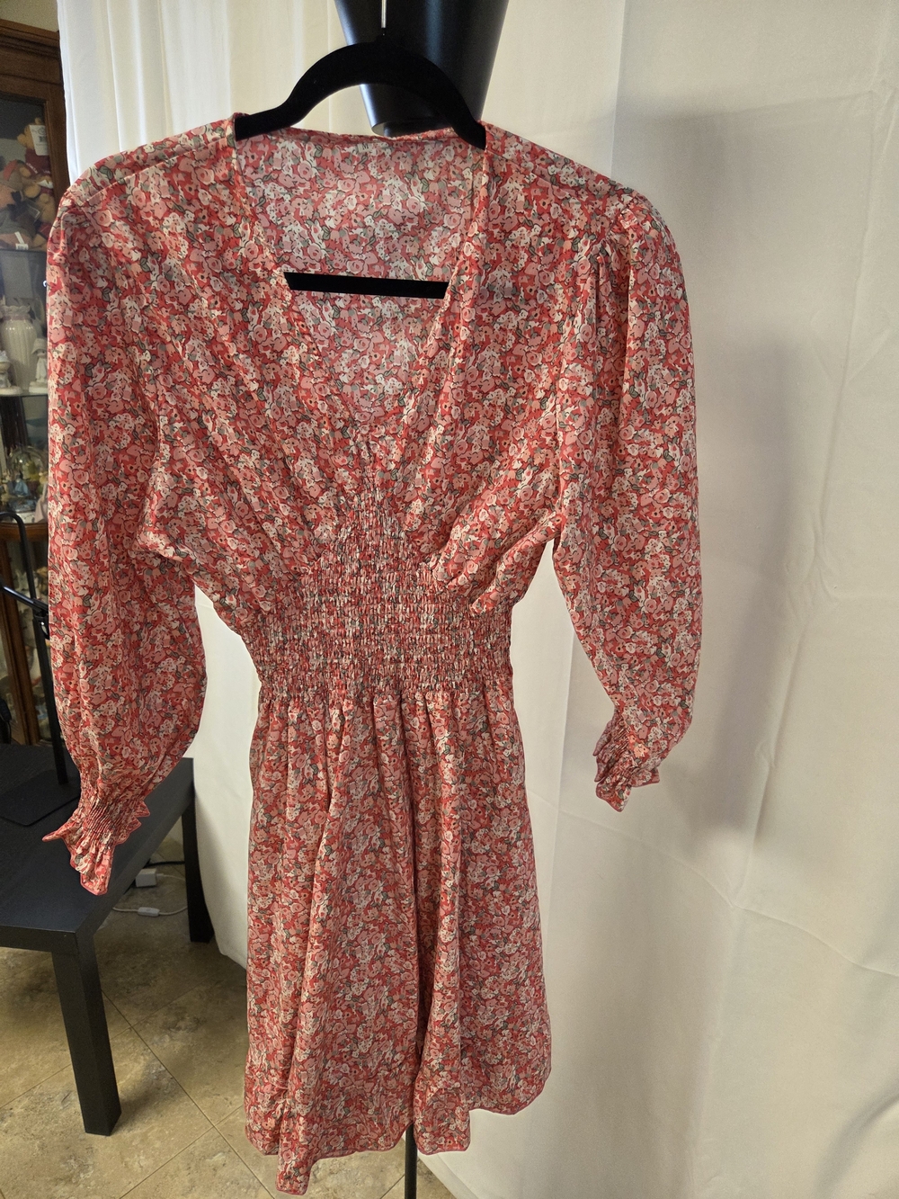 Pink Floral Smocked-Waist Mini Dress